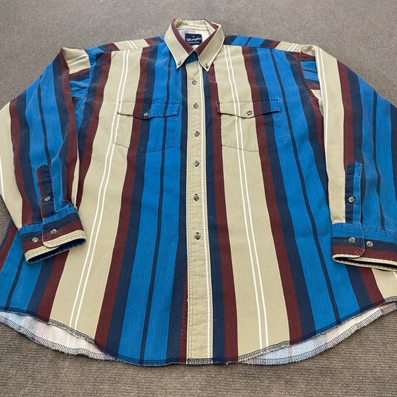vtg Wrangler Shirt Mens XL Aztec Striped Blue Tan Western Cowboy Long Sleeve - Picture 1 of 8